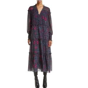 Ted Baker (Size 2) Ellyah Midi Dress Chiffon Tiered Cottage Dark Floral Ruffle